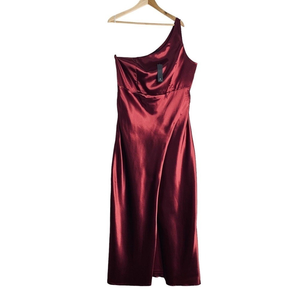 Lulus Alluring Arrival Red Satin One Shoulder Maxi Dress Womens 1X NWT $109 - Picture 6 of 16